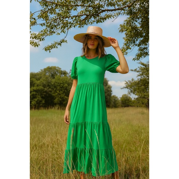 J. Crew Dresses & Skirts - J.Crew Dress Womans XS Green Eyelet Puff Short Sleeve Tiered Midi‎ Casual Summer